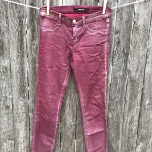 J Brand super skinny coated burgundy jeans